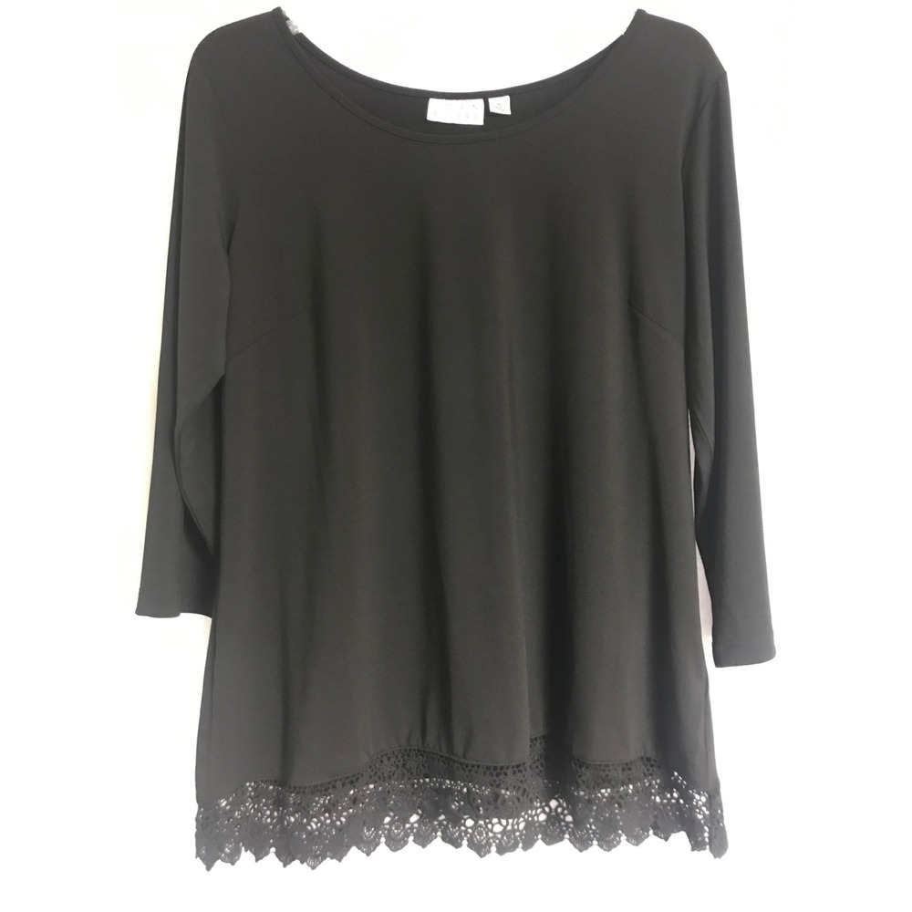 Joan Rivers Black Crochet Lace Trim Knit Tunic Top 3/4 Sleeve Scoop Neck Women M